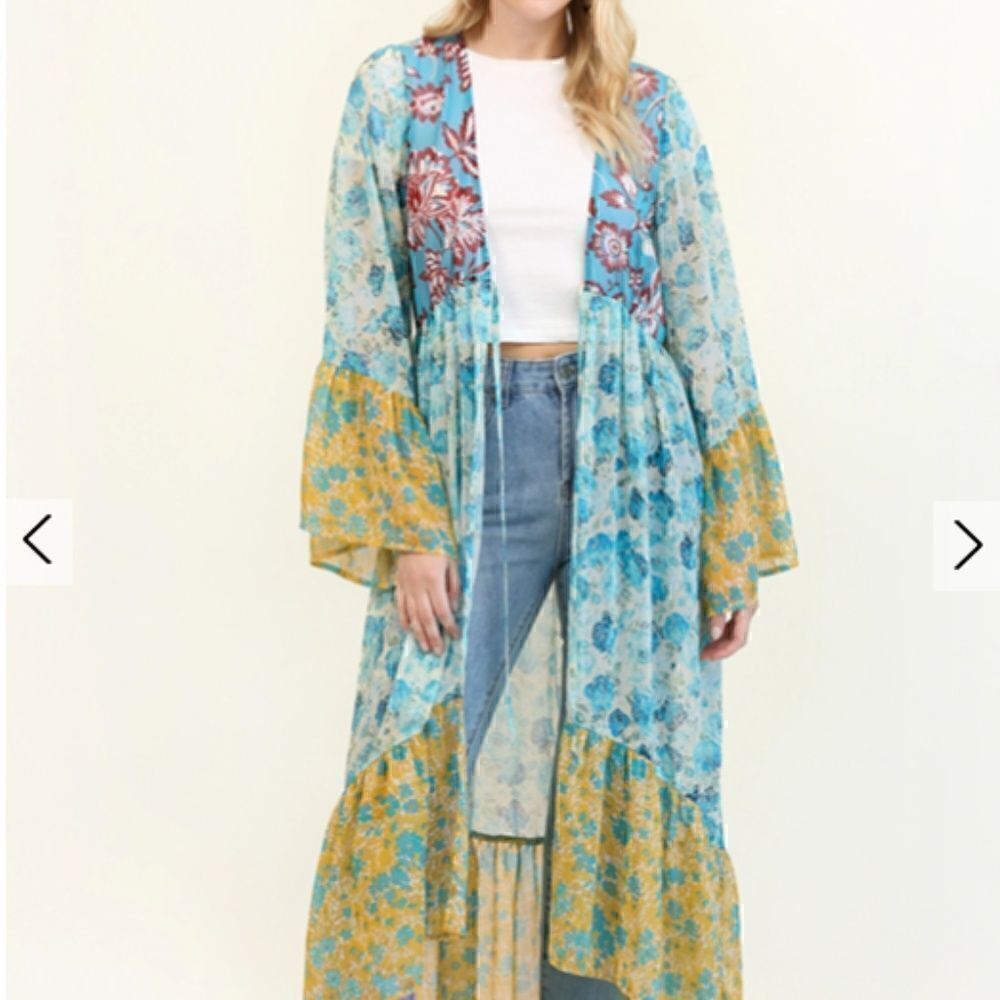 Boho Mixed Floral Bell Sleeves Tie Front Kimono Beach Cover Hippie Festival Vibe - Picture 1 of 11